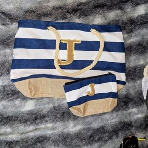 Striped Blue and Tan Tote Bag Set